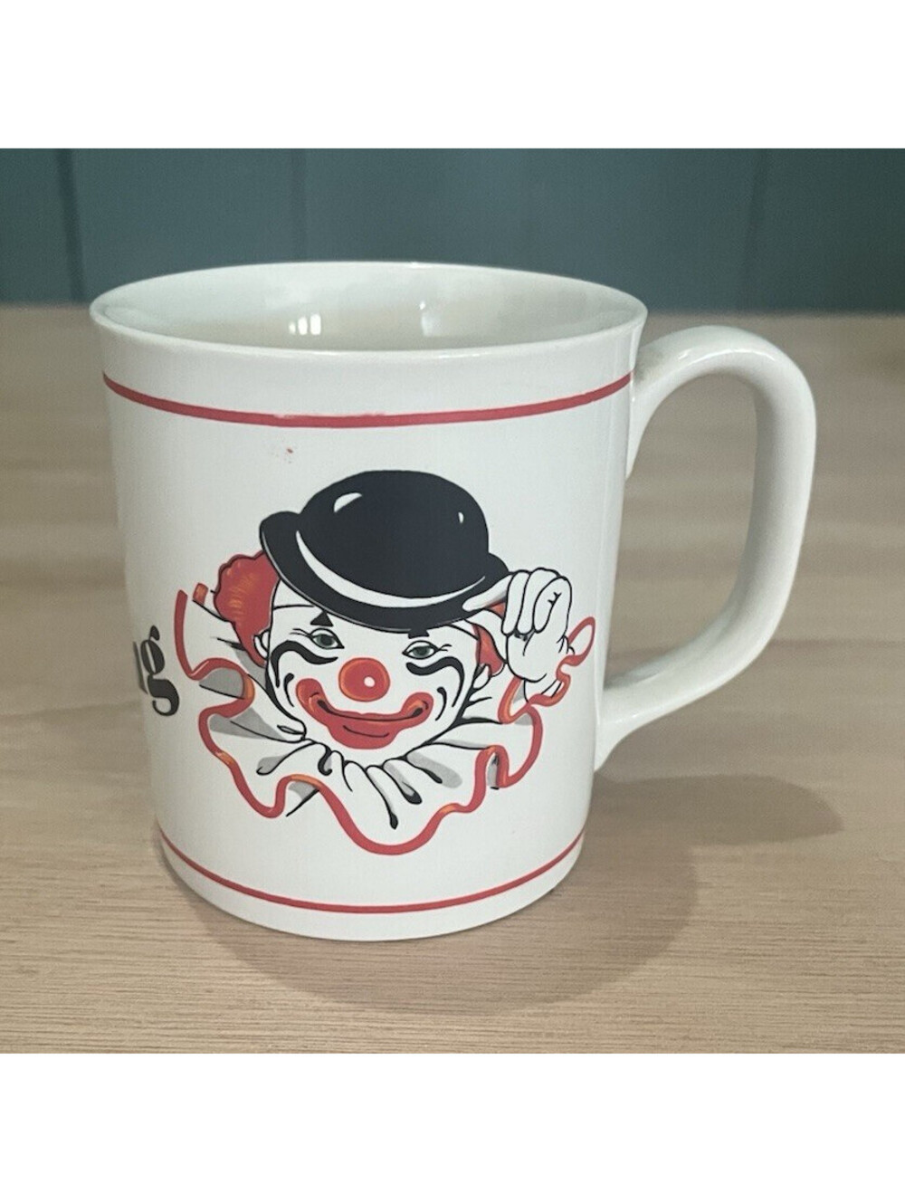 Coffee Mug Acorn Keep Smiling 12 oz Ceramic White/ Red Trim Clown